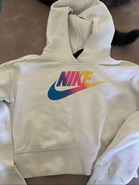 Nike White Hoodie with Blue-Pink-Yellow Gradient Logo